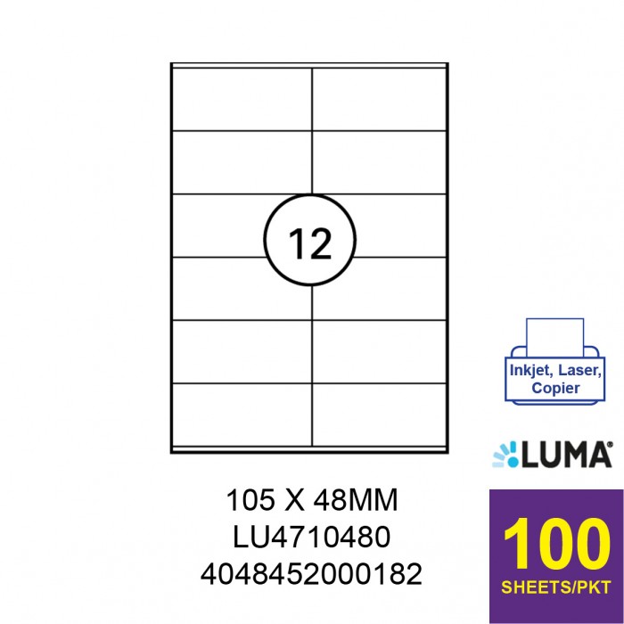 LUMA LU4710480 LABEL FOR INKJET / LASER / COPIER 100 SHEETS/PKT WHITE 105X48MM